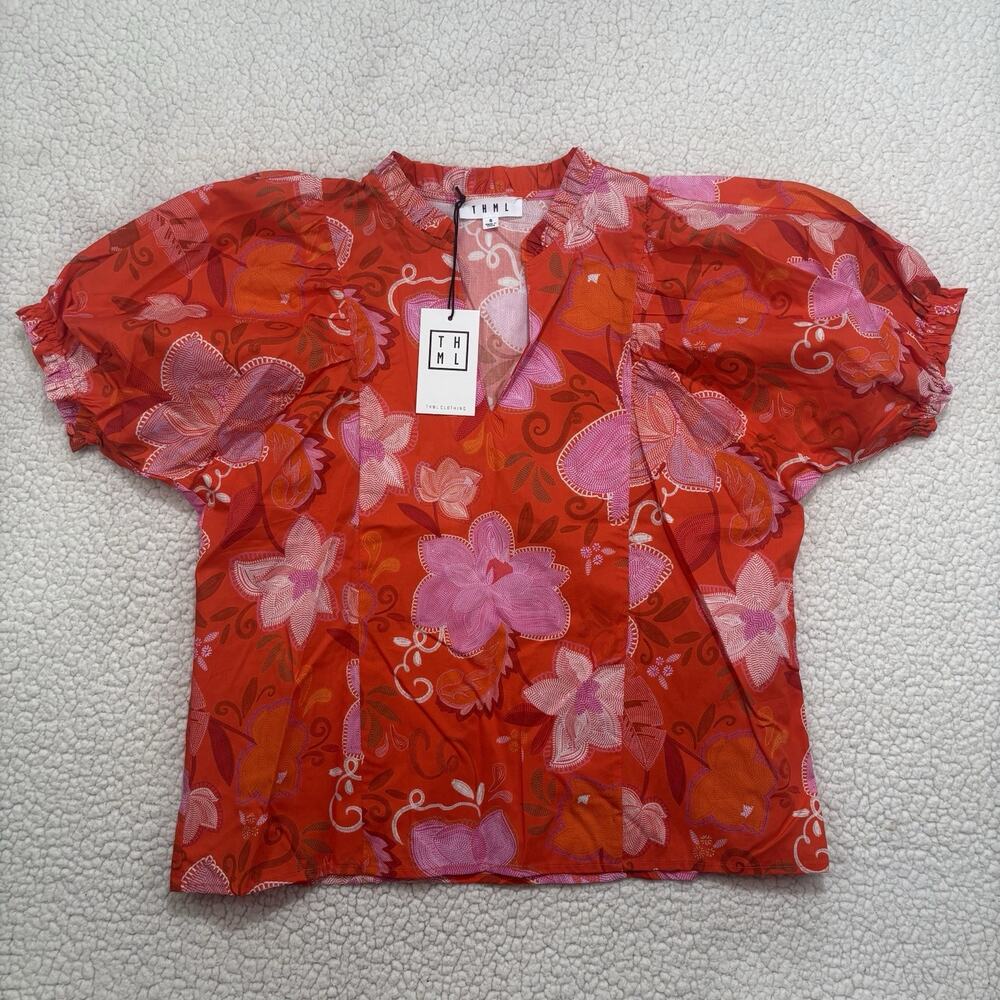 NWT THML Red Floral Blouse Ruffle Boho Puff Sleeve Top Size S Cotton Pink Orange